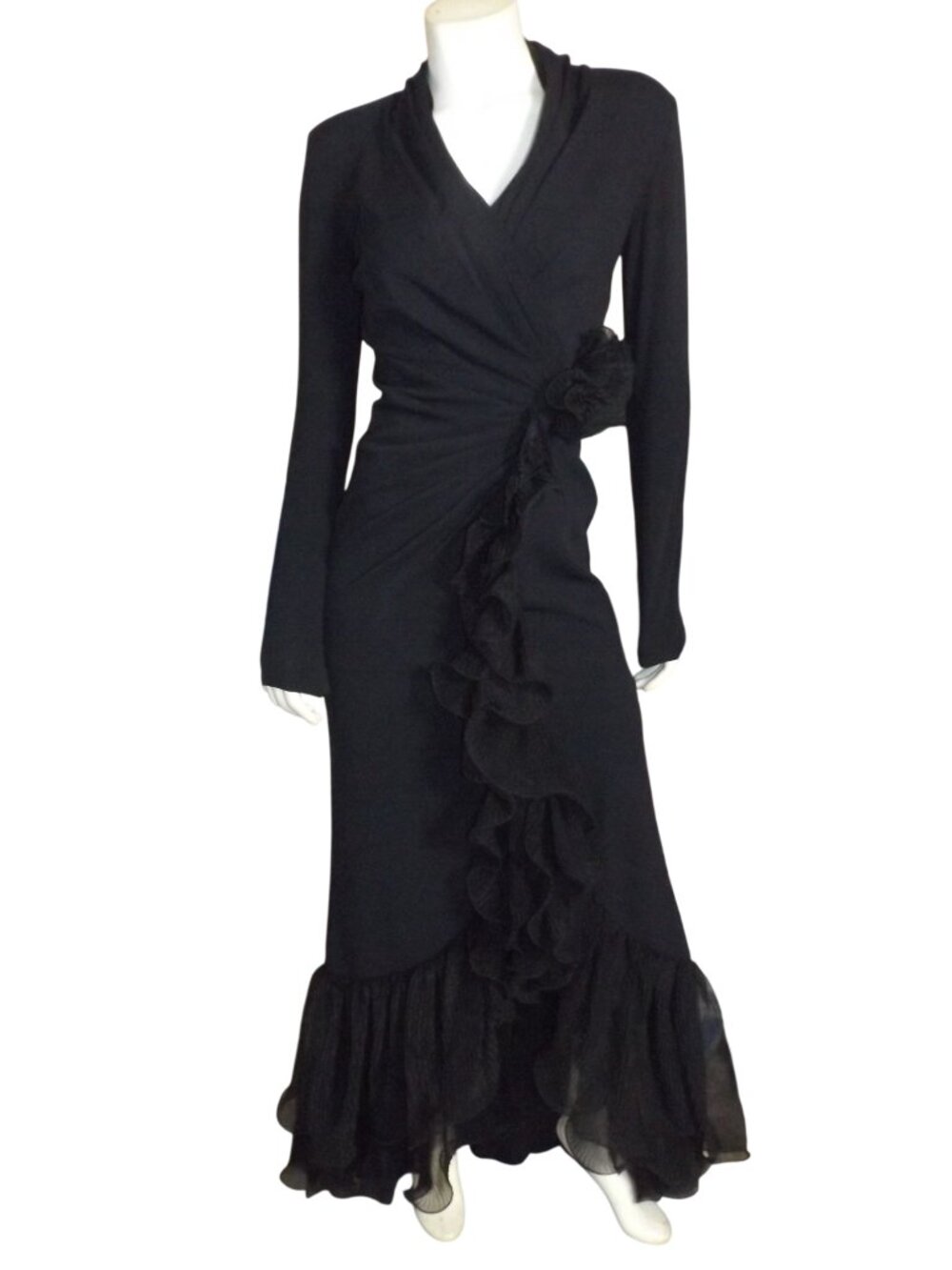TADASHI SHOJI Maxi Dress, XS, Black, Fabric Flower/Ruffles, Long sleeves, Zipper